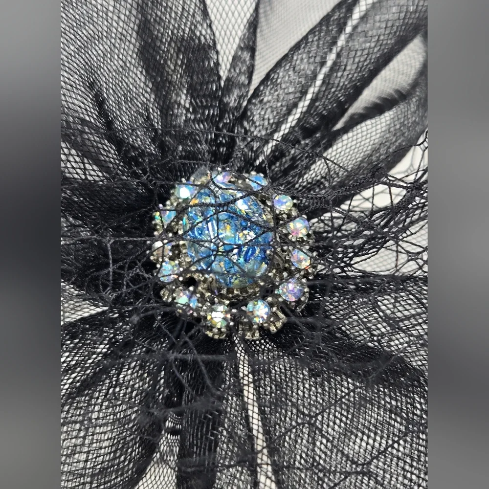 VINTAGE HANDMADE FASCINATOR HEADBAND BLACK TULLE BLUE RHINESTONE BROOCH DIY